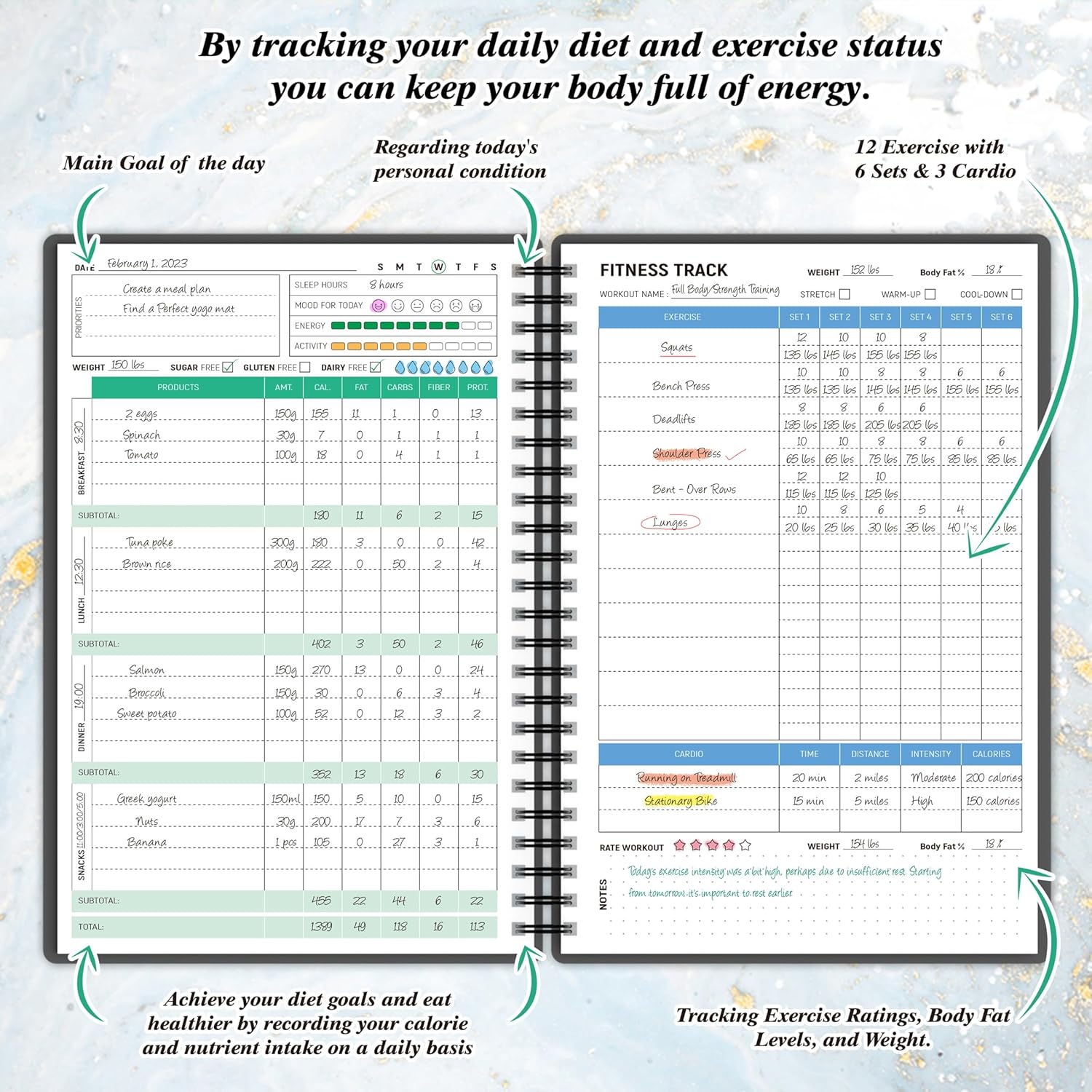 Wellness Planner & Fitness Log - Daily Diet & Health Journal with Weight Loss, Wellness Journal Notebook for Tracking Fitness, Sleep, Nutrition, Meal, Habits, A5(5.8 x 8.6 inch) (Black Golden) - Image 3