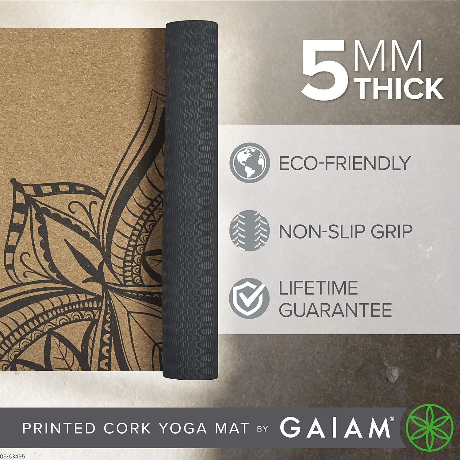 Gaiam Cork Yoga Exercise Mat | Natural Sustainable Cork Resists Sweat and Odors | Non-Slip TPE Backing Prevents Slipping| Great for Hot Yoga, Pilates, Fitness Working Out (68" x 24"x 5mm Thick) - Image 2