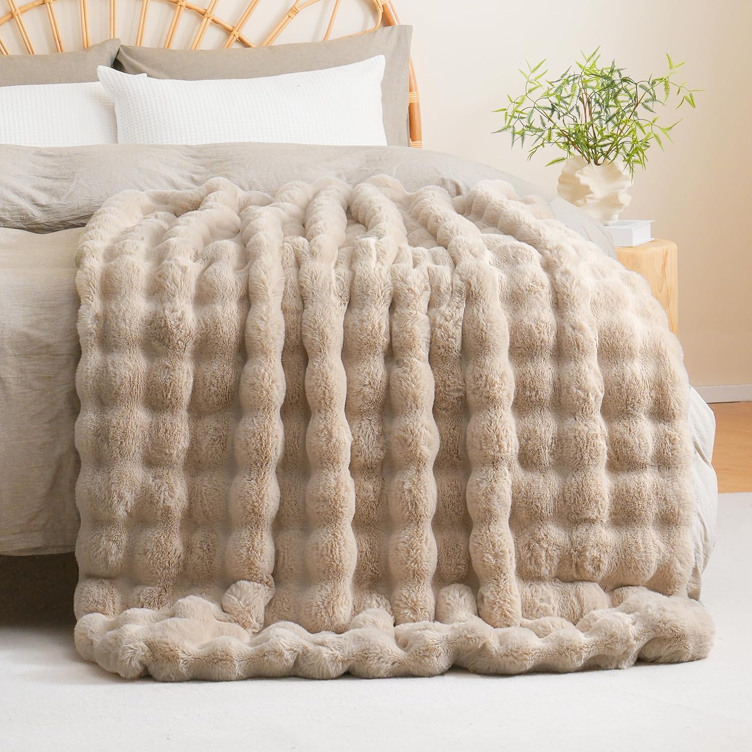 BENVWE Faux Fur Throw Blanket for Couch - Cozy Fuzzy Soft Plush Fluffy Thick Luxury Minky Bubble Blanket for Living Room Home Decor- Mothers Day Birthday Gifts for Women, Beige, 51" x 63" - Image 9
