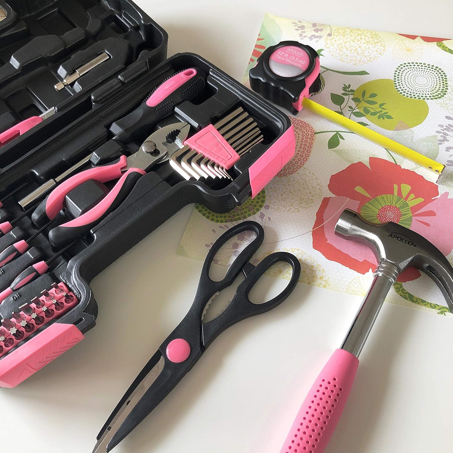 Apollo Tools Original 39 Piece General Household Tool Set in Toolbox Storage Case with Essential Hand Tools for Everyday Home Repairs, DIY and Crafts - Pink Ribbon - Pink - DT9706P - Image 6