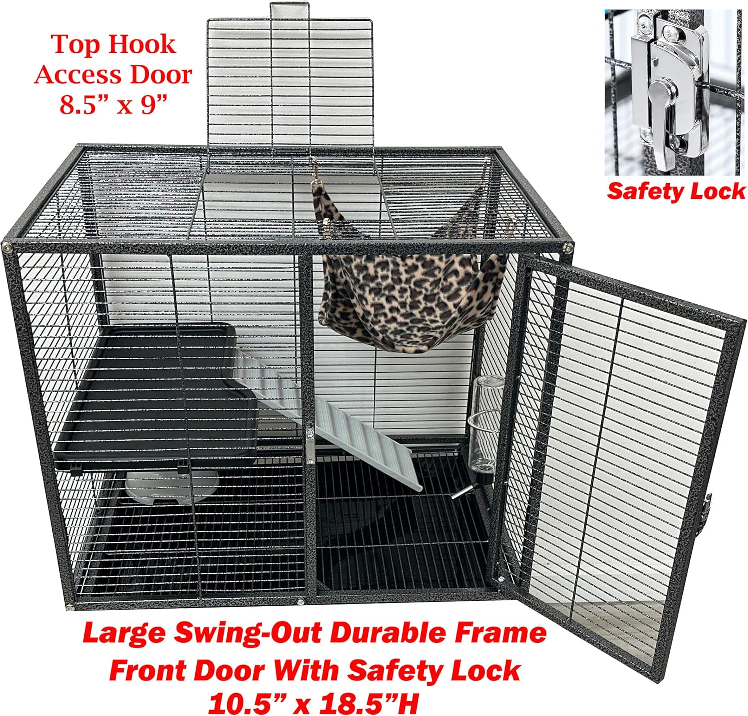 Deluxe Two Tiers Small Animal Critter Cage Tight 1/2-Inch Bar Spacing Water Bottle Food Bowl Feisty Ferret Hammock Chinchilla Rat Mice Squirrel Rabbit Sugar Glider Easy Clean Pull Out Grate Tray - Image 4