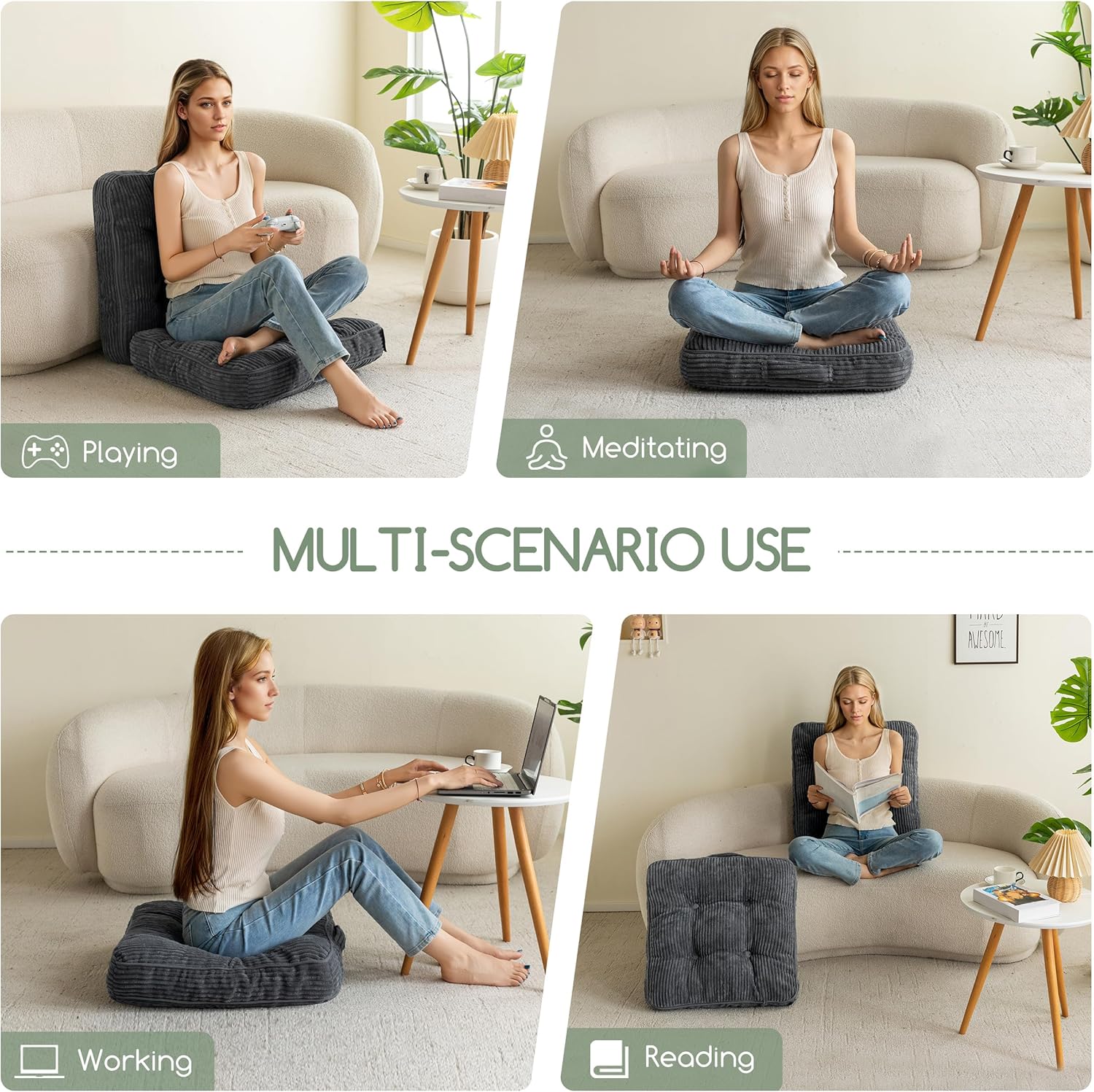HIGOGOGO Floor Pillow Cushion for Adults, Meditation Cushion Pillow, Large Square Floor Sitting, Tufted Corduroy Cover, for Tatami Living Room or Yoga, 22x22 Inch, Dark Grey - Image 6
