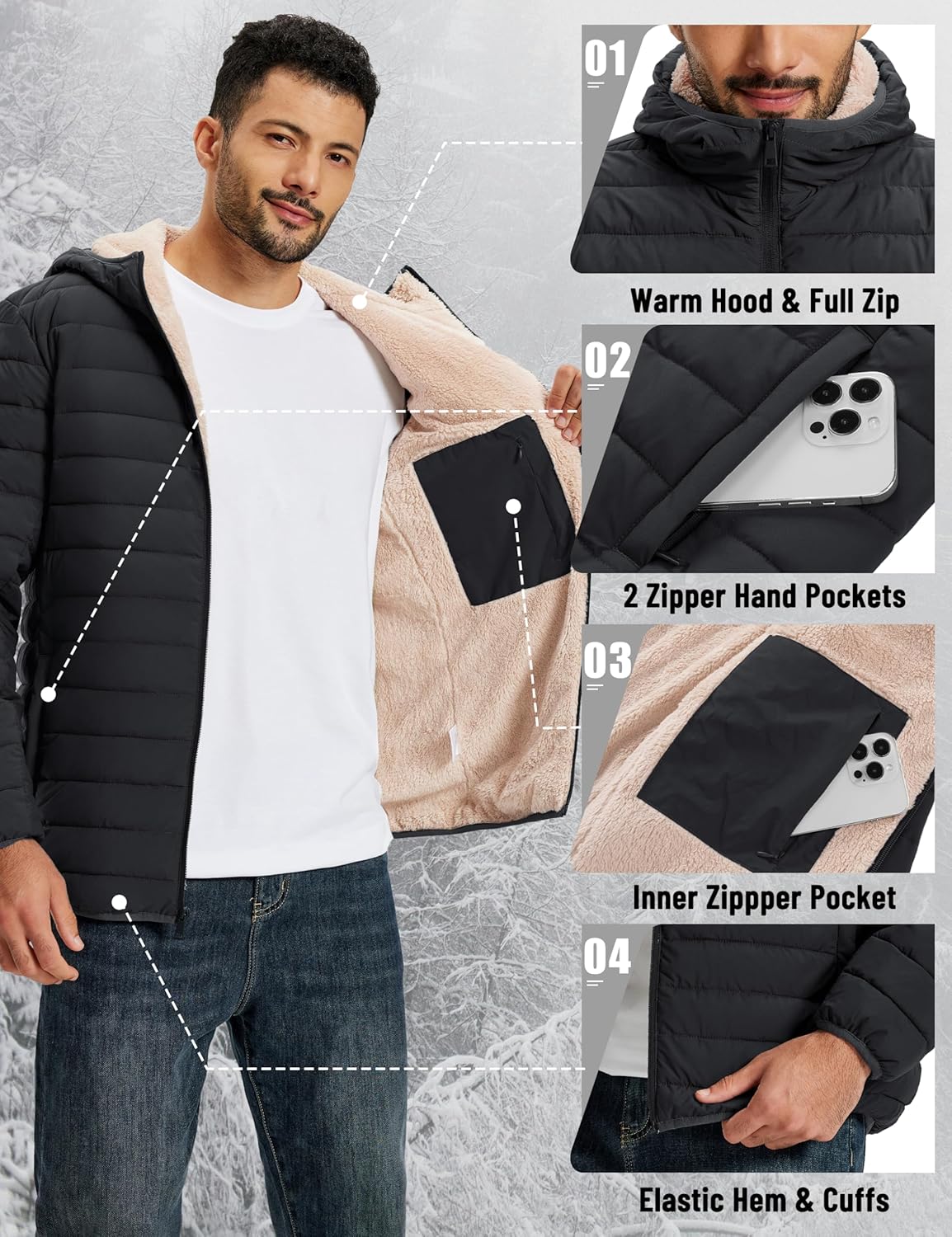 TACVASEN Men's Puffer Jacket Hooded Sherpa Lined Water Resistant Windproof Insulated Jacket Warm Winter Puffy Coat - Image 6