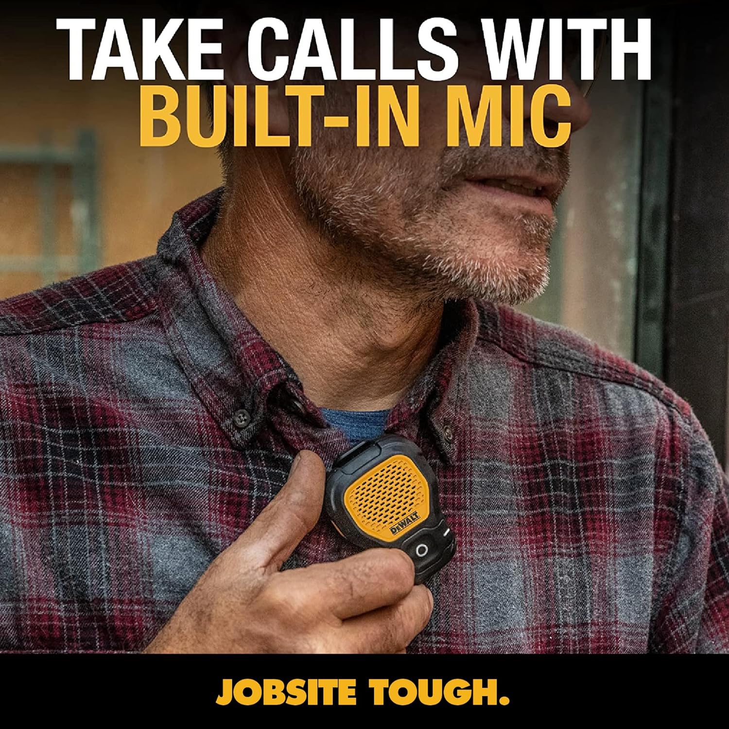 DEWALT Wearable Bluetooth Speaker (Updated Version), Clip-On Wireless Jobsite Pro Water-Resistant Portable Speaker (Non-Magnetic), Built-in Mic for Hands-Free Music/Calls, Bluetooth Speaker (Yellow) - Image 8