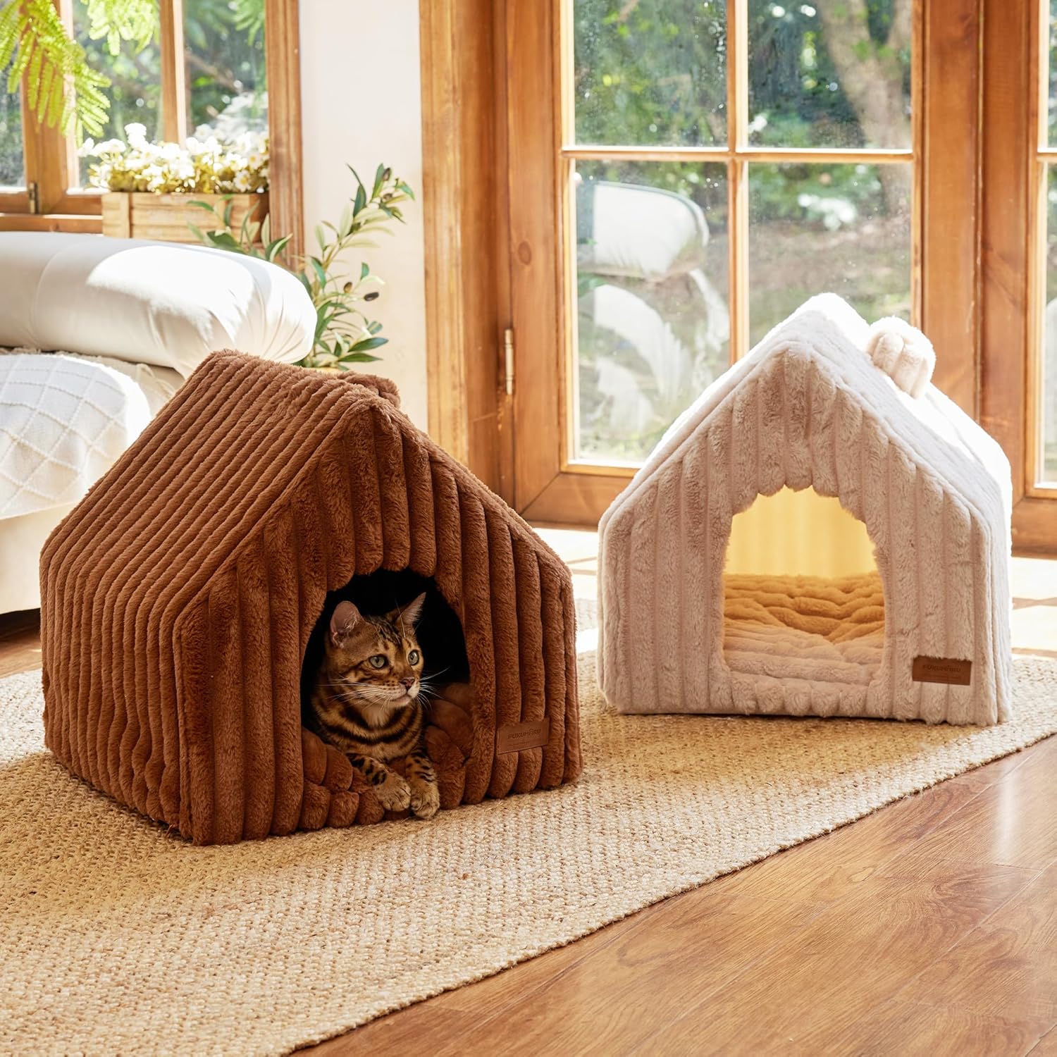 FUKUMARU Cat Houses for Indoor Cats, Washable Cute Cat Bed Cave with Removable Pillow, Large Semi-Enclosed Cozy Dog House Indoor, Soft Faux Rabbit Fur Kitten Bed, 17.5-Inch Cat Hideaway, Pink Grey - Image 8
