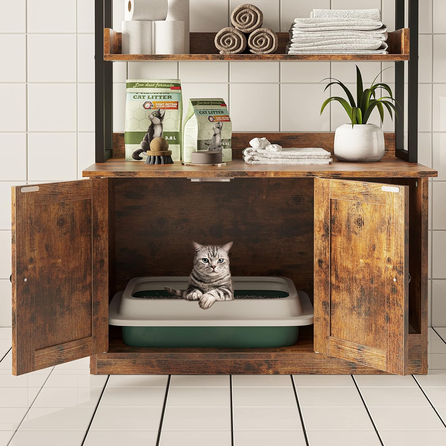 IRONCK Litter Box Enclosure with 4 Shelves and Doors, Large Wood Cat Litter Box Furniture Hidden with Storage and Scratch, Fit Most of Litter Box, Vintage Brown - Image 6