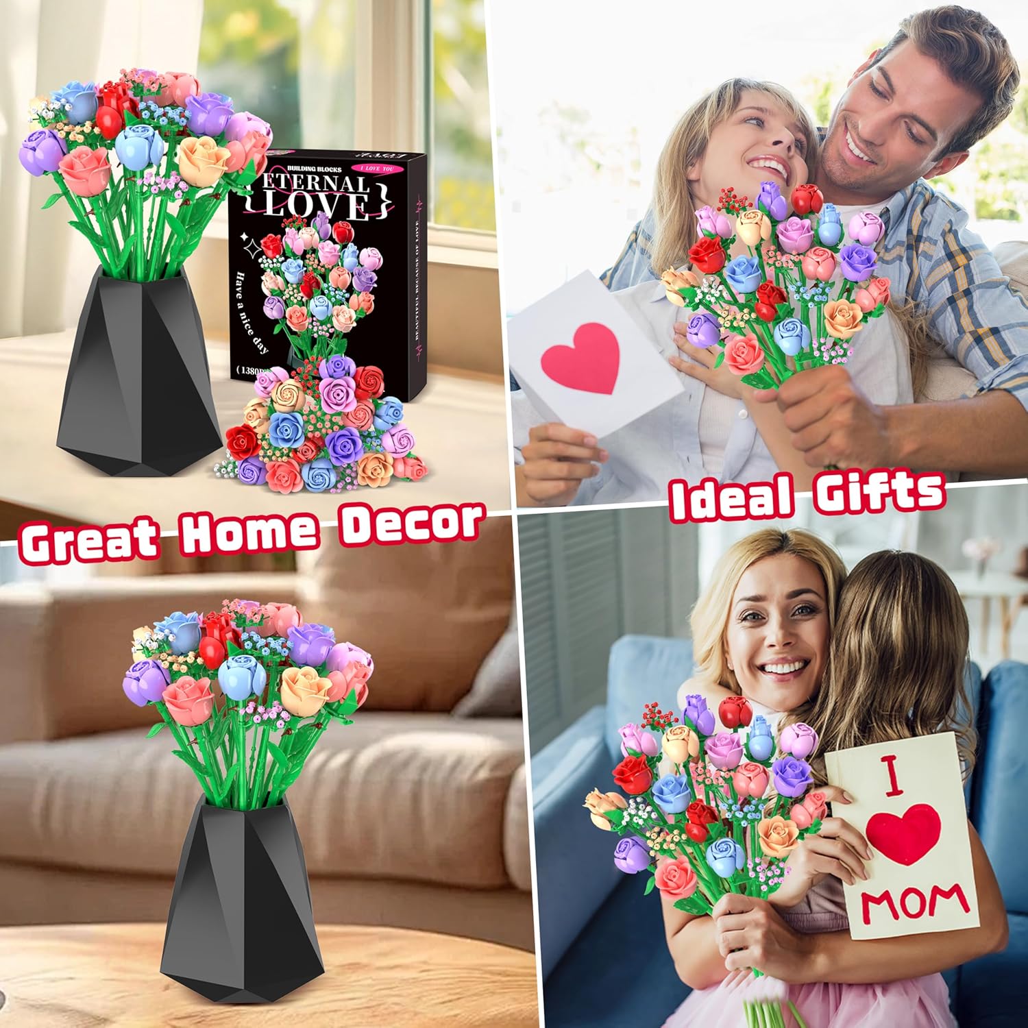 Sopu Colorful Rose Bouquet Flowers Building Set, 24 Boxes 1380Pcs Artificial Flowers Botanical Collection Flowers for Adults Gift for Mothers Day Mom Birthday Gifts Women Wife Girlfriend - Image 7