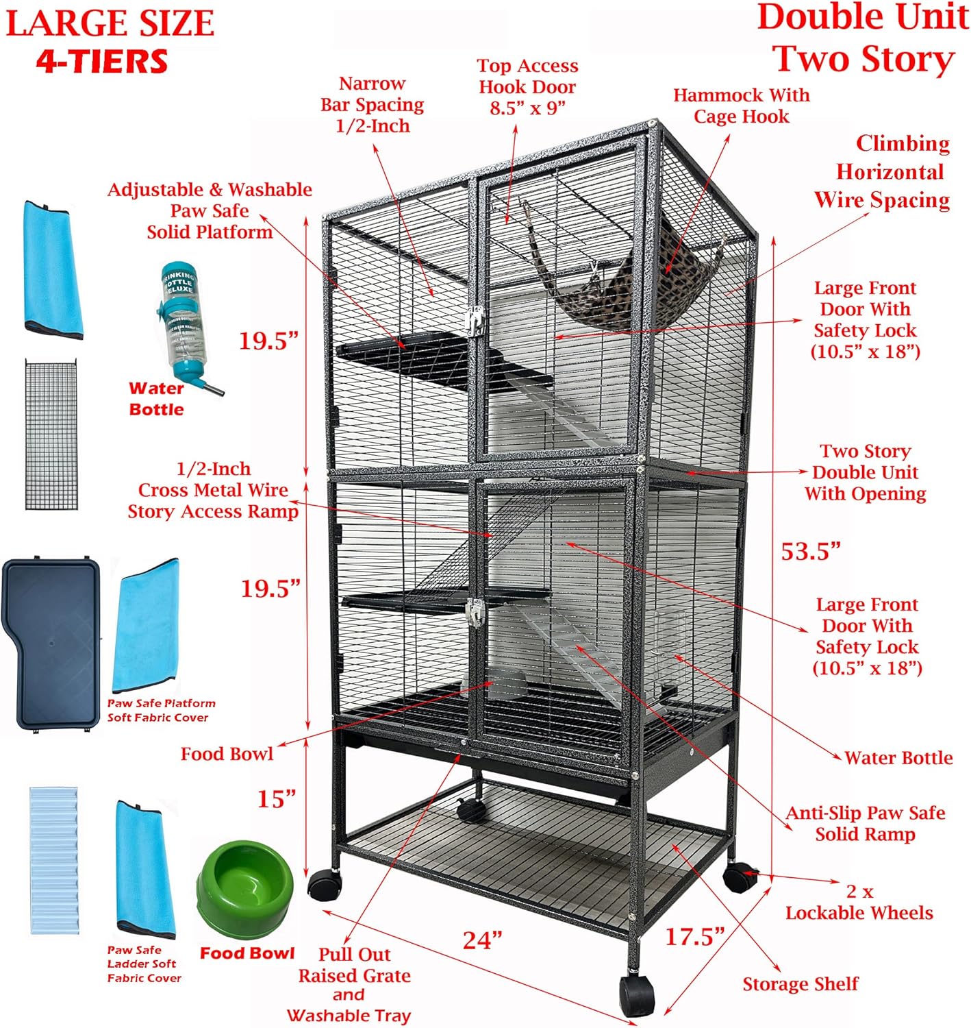 Large Two Full Story Deluxe Double Unit 4-Tiers Tight 1/2-Inch Bar Spacing Durable Front Doors Water Bottle Food Bowl for Feisty Ferret Squirrel Hammock Rat Gerbil Small Animal Critter Rolling Cage - Image 3
