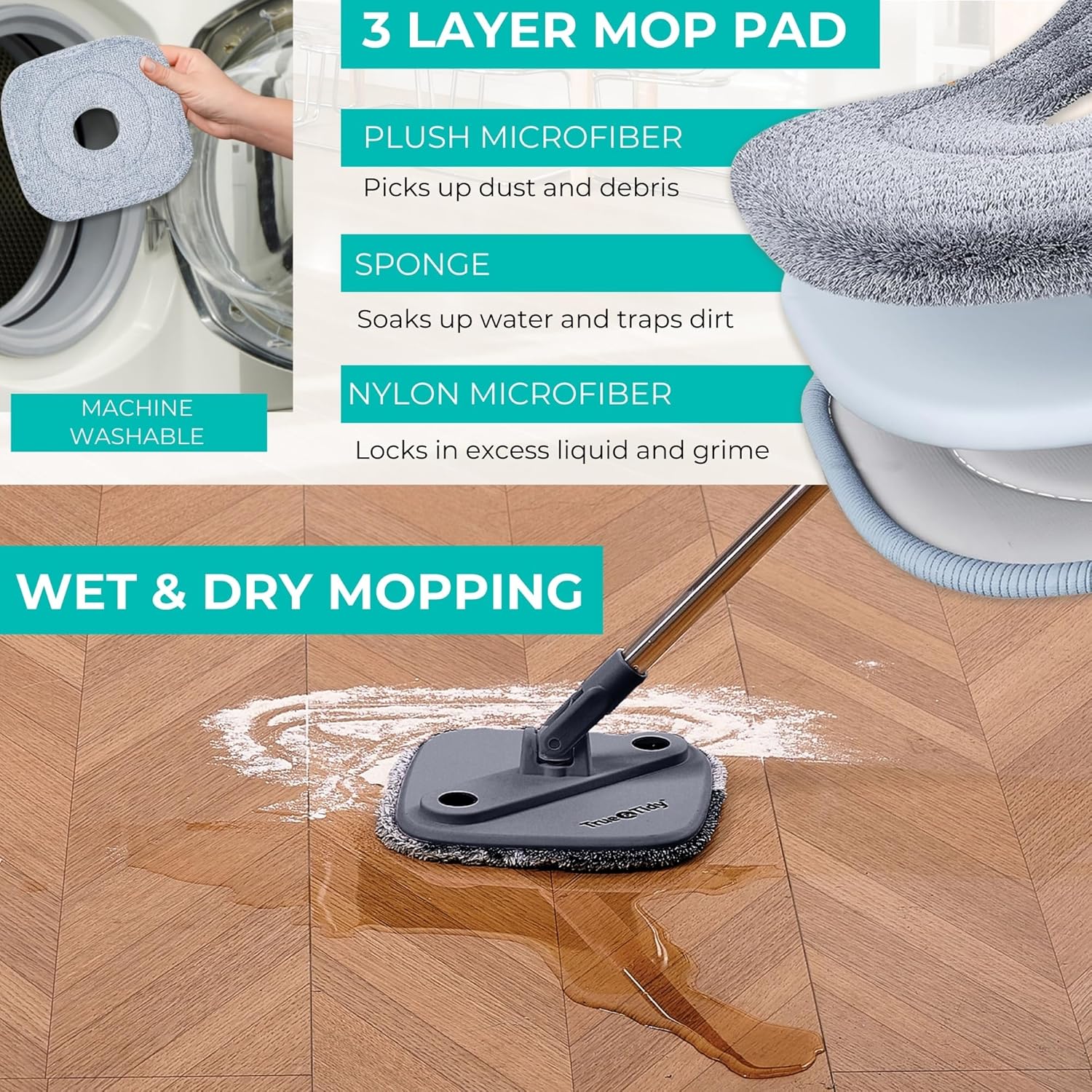 True & Tidy True Clean Spin Mop & Bucket System – Dual Compartment Design for Clean & Dirty Water, 360° Swivel Mop Head, Built-in Scrubbing Brush, Stainless Steel Handle & 2 Reusable Microfiber Pads - Image 4