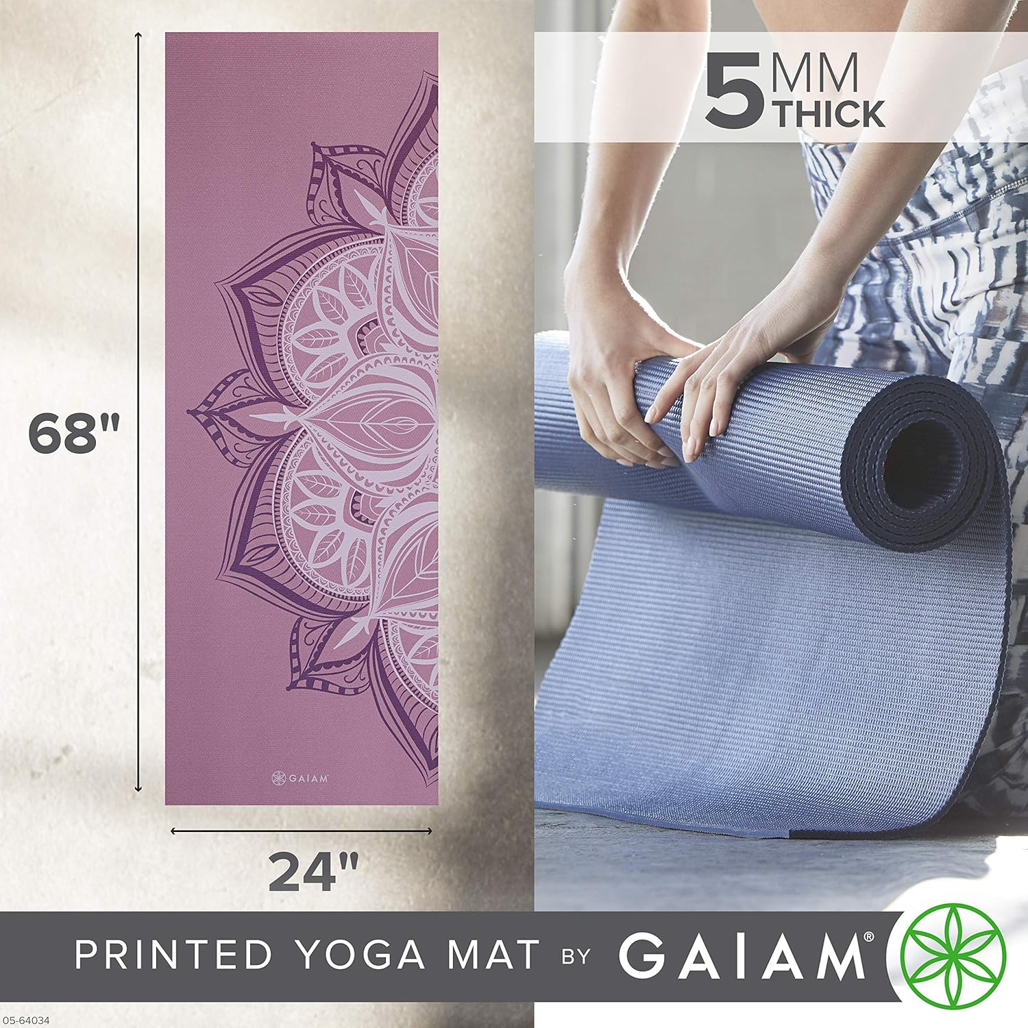 Gaiam Yoga Mat - Premium 5mm Print Thick Non Slip Exercise & Fitness Mat for All Types of Yoga, Pilates & Floor Workouts (68" x 24" x 5mm) - Image 3