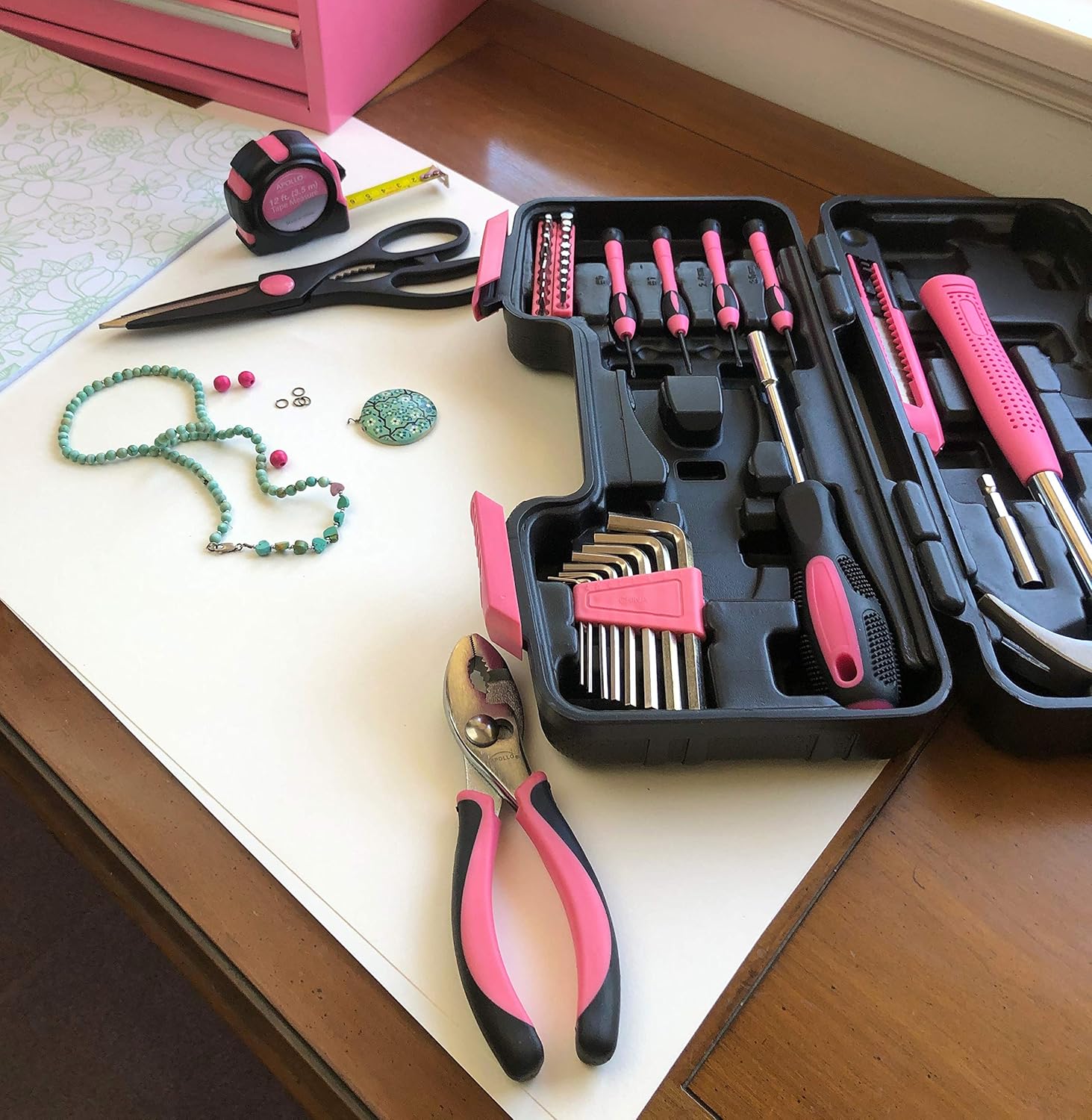 Apollo Tools Original 39 Piece General Household Tool Set in Toolbox Storage Case with Essential Hand Tools for Everyday Home Repairs, DIY and Crafts - Pink Ribbon - Pink - DT9706P - Image 8