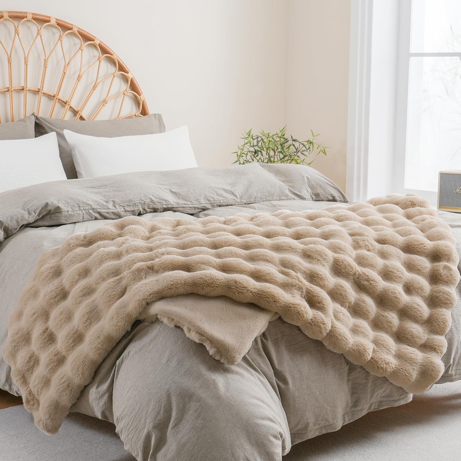 BENVWE Faux Fur Throw Blanket for Couch - Cozy Fuzzy Soft Plush Fluffy Thick Luxury Minky Bubble Blanket for Living Room Home Decor- Mothers Day Birthday Gifts for Women, Beige, 51" x 63" - Image 7