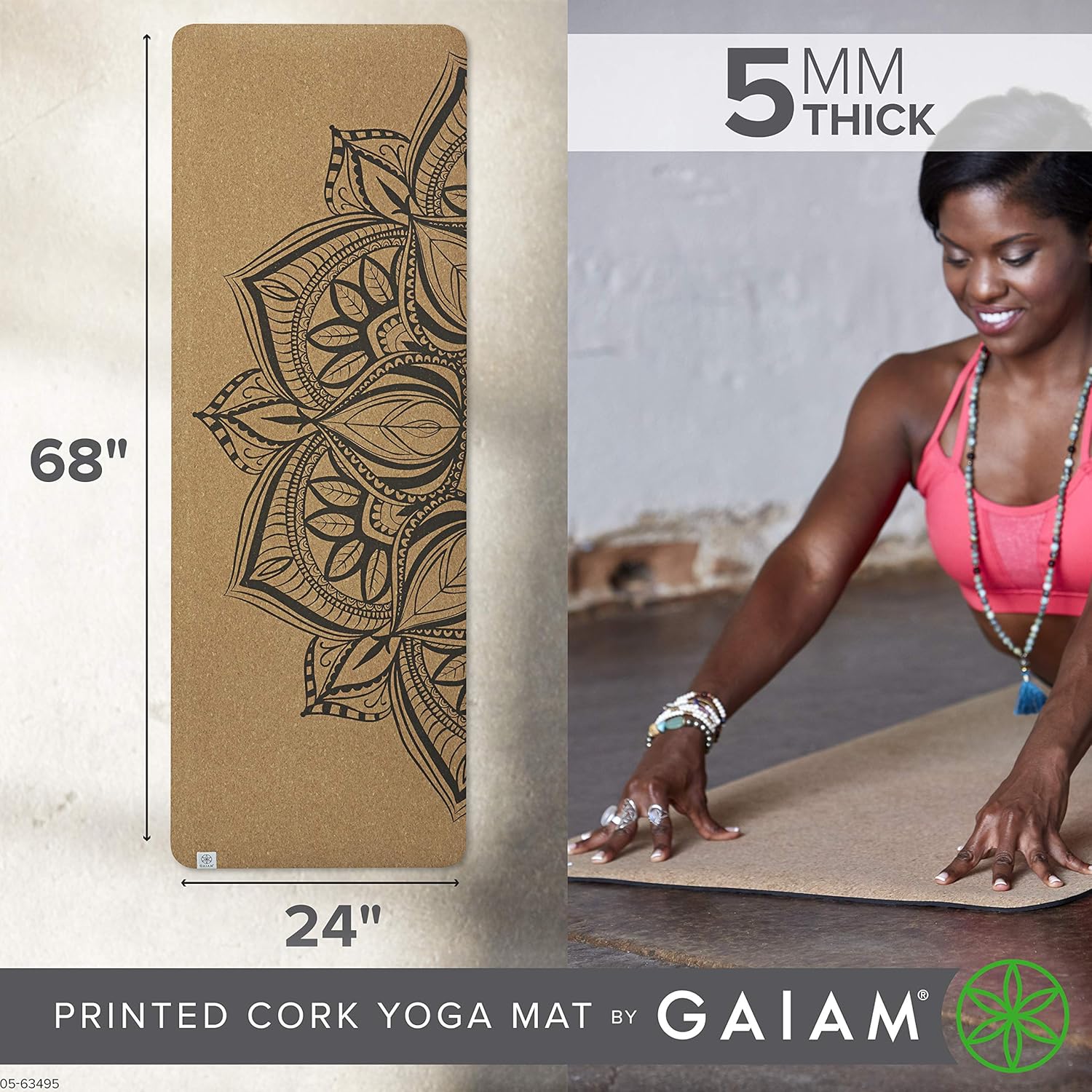 Gaiam Cork Yoga Exercise Mat | Natural Sustainable Cork Resists Sweat and Odors | Non-Slip TPE Backing Prevents Slipping| Great for Hot Yoga, Pilates, Fitness Working Out (68" x 24"x 5mm Thick) - Image 3
