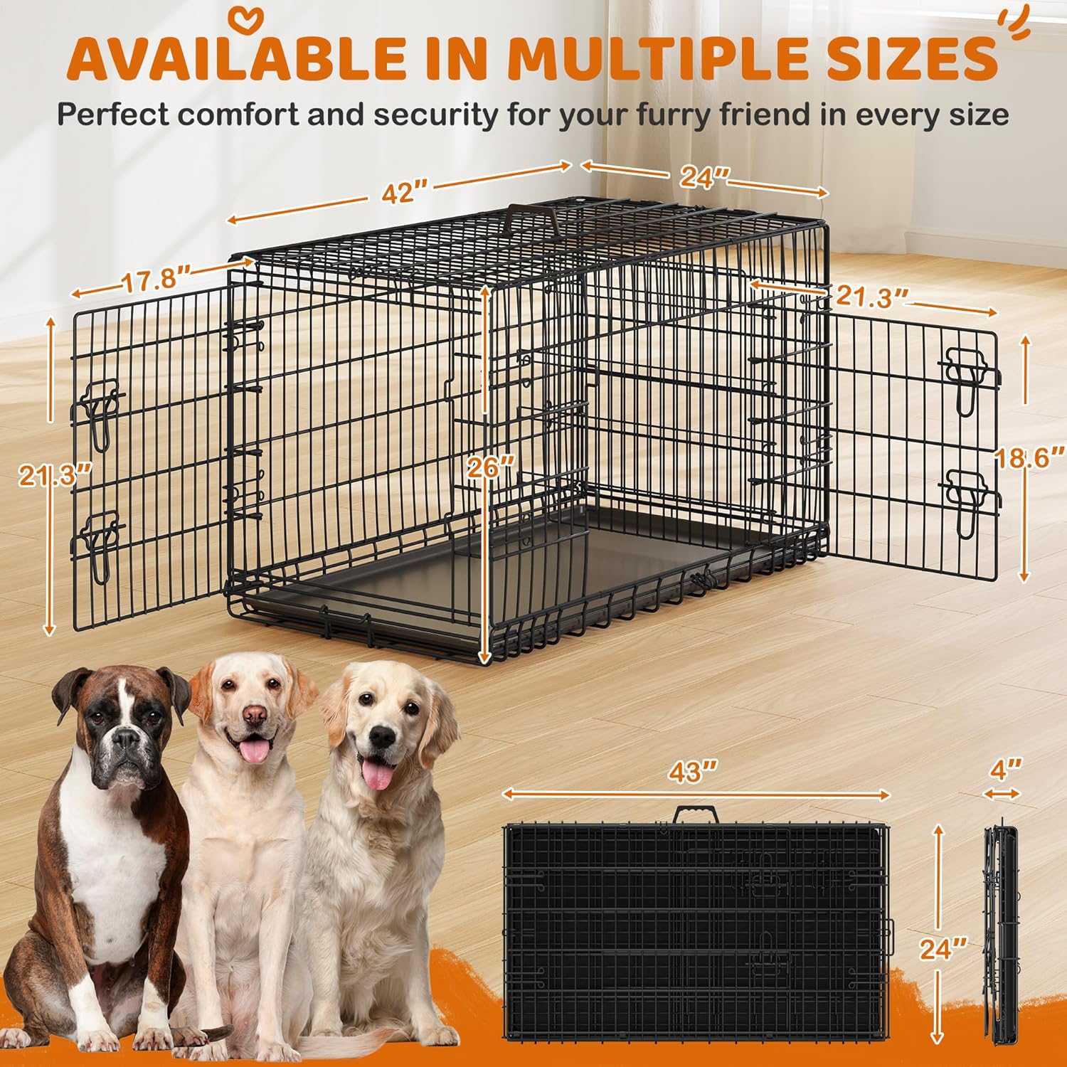Yaheetech 42 inch Double Door Dog Crate w/Divider for Puppy to Adult XL Collapsible Metal Crate with Removable Tray Wire Dog Kennel for Large Dogs Portable Travel Cage, Black - Image 8