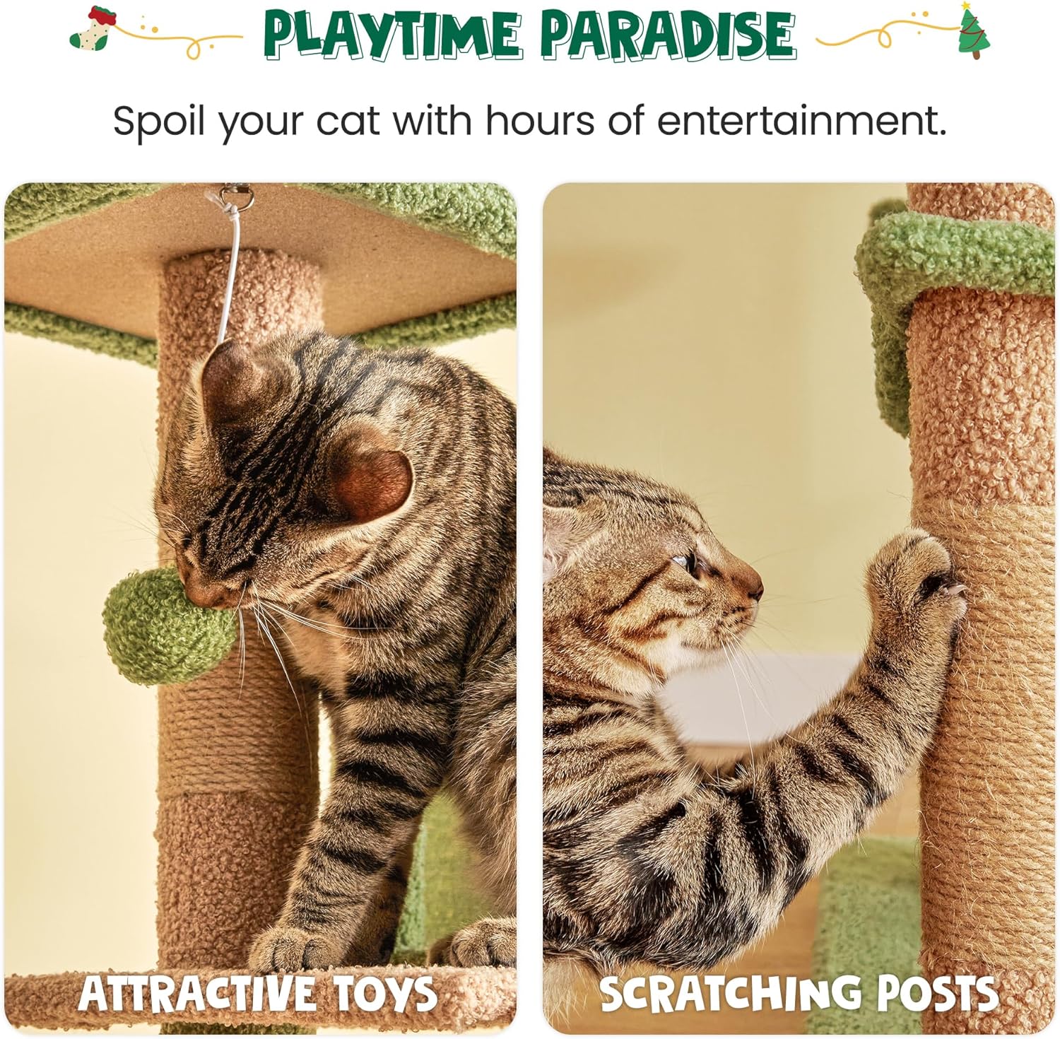 MWPO 63.8 Inches Green Cat Tree for Indoor Cats, Multi-Level Cat Tower with Sisal-Covered Scratching Posts, Padded Platform, Hammock, Dangling Toys, Stable Cat Condo Pet Play House - Image 7