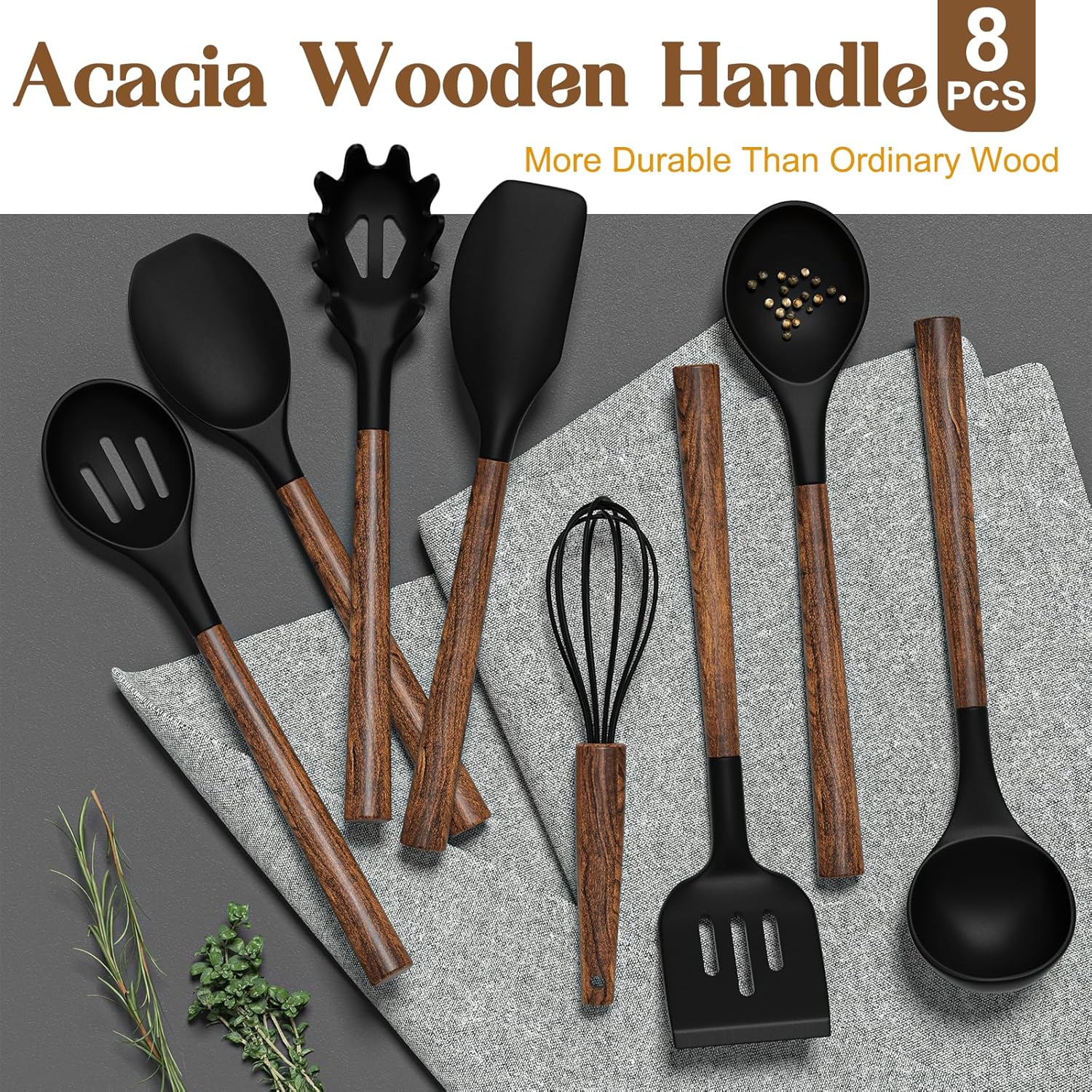 Silicone Cooking Utensil Set, Umite Chef 8-Piece Kitchen Utensils Set with Natural Acacia Wooden Handles,Food-Grade-Silicone Kitchen Gadgets Spatulas Set for Nonstick Cookware- Black - Image 2