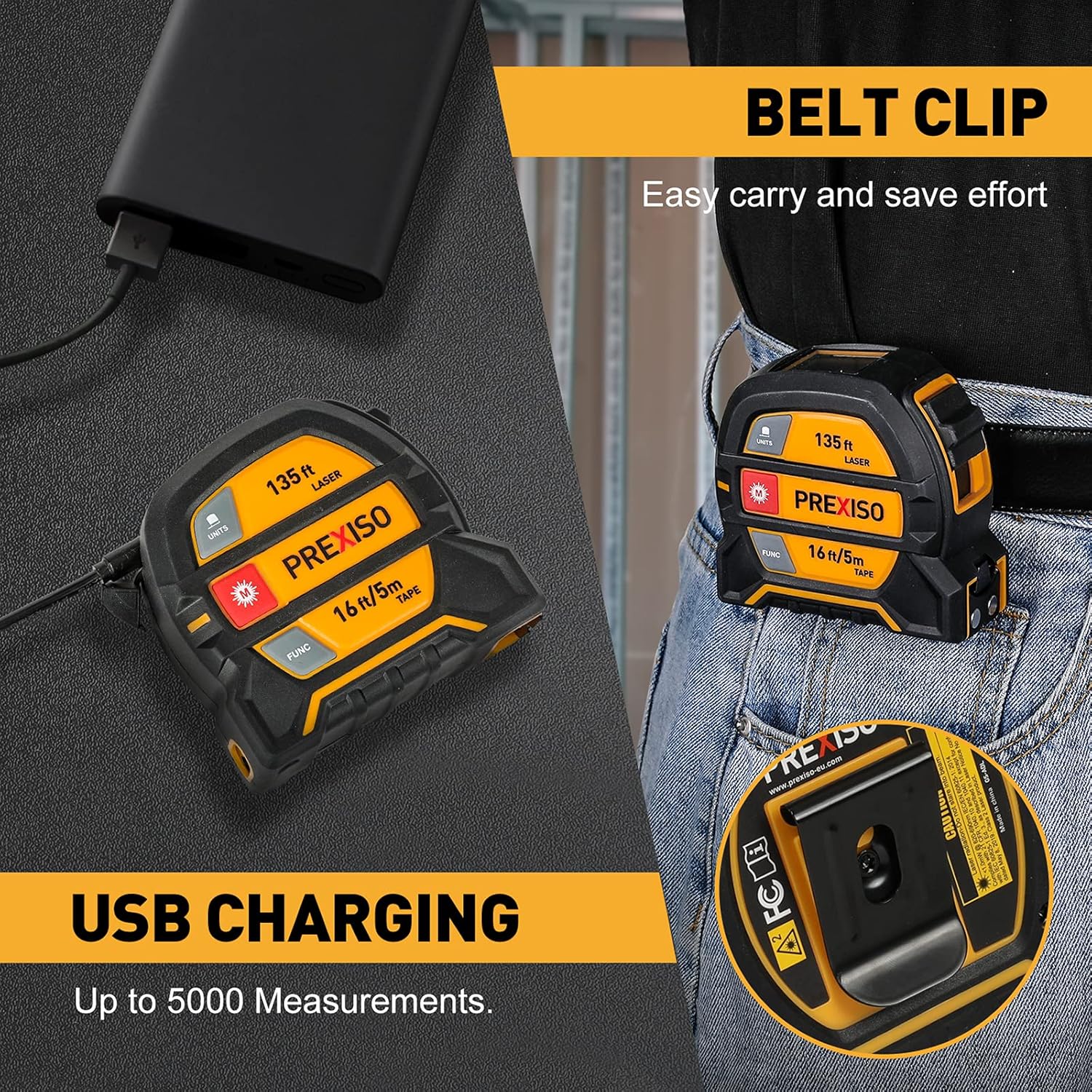 PREXISO 2-in-1 Laser Tape Measure, 135Ft Rechargeable Measurement Tool & 16Ft Measuring Movable Magnetic Hook - Pythagorean, Area, Volume, Ft/Ft+in/in/M Unit NOT Digital - Image 8