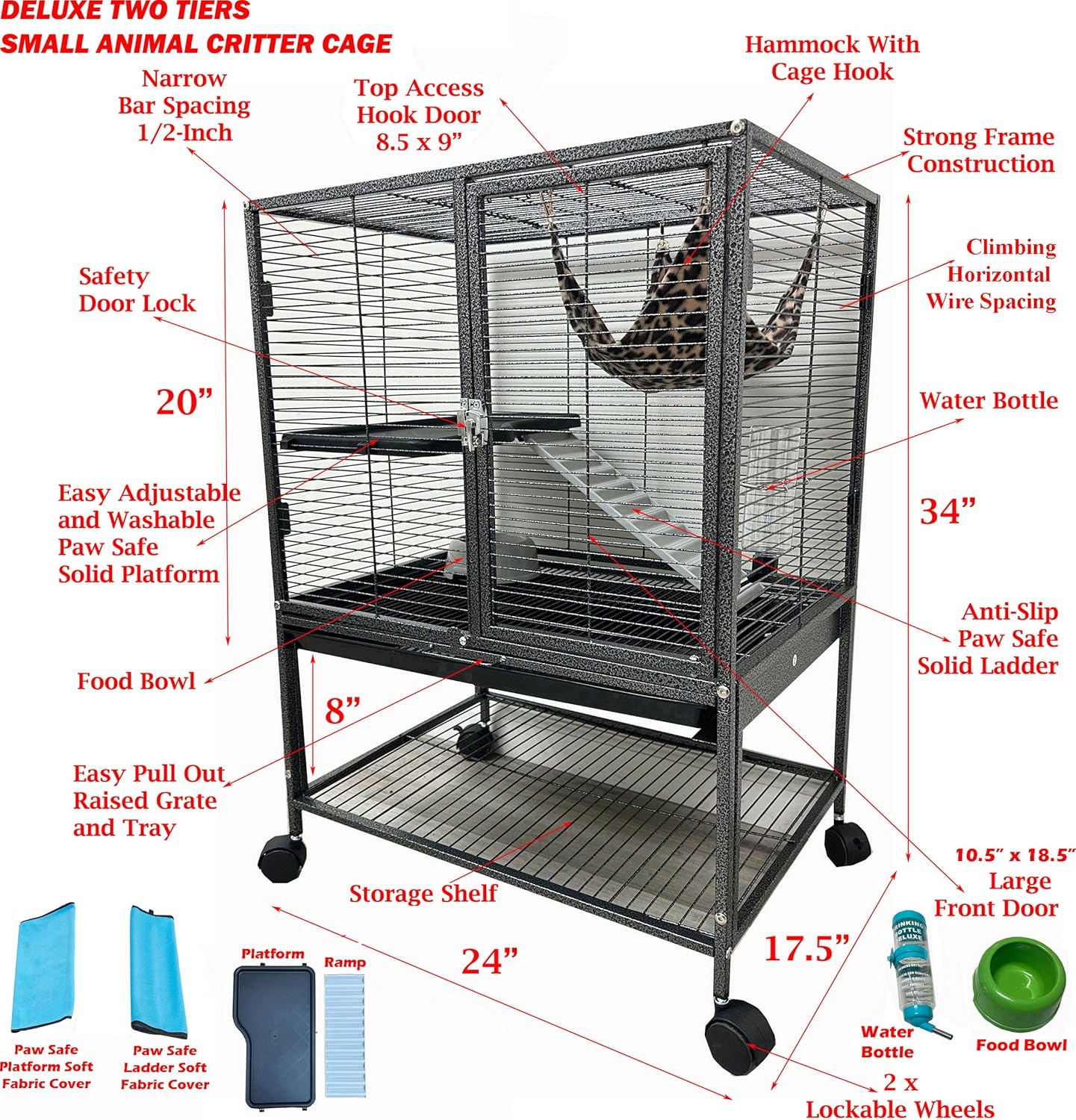 Deluxe Two Tiers Small Animal Critter Cage Tight 1/2-Inch Bar Spacing Water Bottle Food Bowl Feisty Ferret Hammock Chinchilla Rat Mice Squirrel Rabbit Sugar Glider Easy Clean Pull Out Grate Tray - Image 3