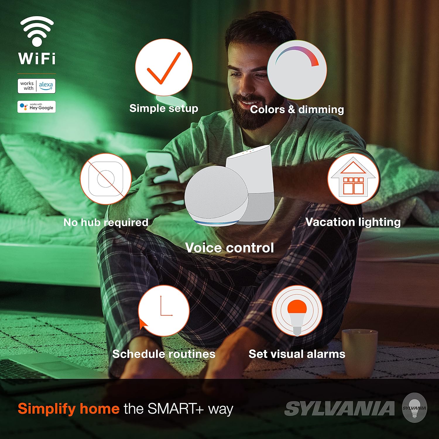 SYLVANIA Wifi LED Smart Light Bulb, 60W Equivalent Full Color and Tunable White A19, Dimmable, Compatible with Alexa and Google Home Only - 4 Pack (75674) - Image 3