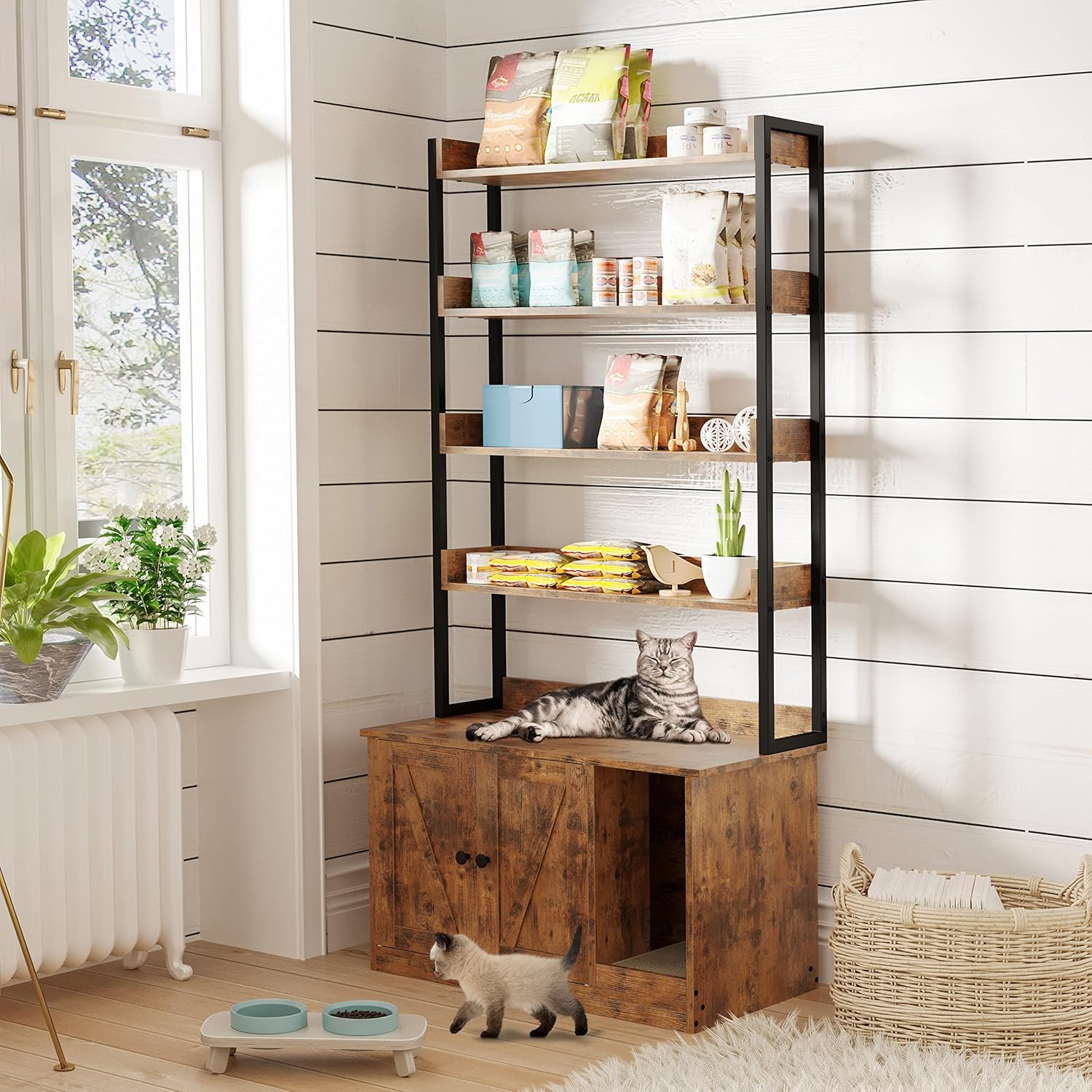 IRONCK Litter Box Enclosure with 4 Shelves and Doors, Large Wood Cat Litter Box Furniture Hidden with Storage and Scratch, Fit Most of Litter Box, Vintage Brown - Image 2