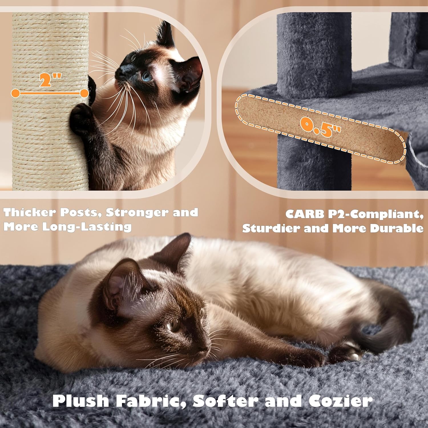 Yaheetech 54in Cat Tree, Multi-Level Cat Tower with Spacious Kitten-ear Perch, 2 Cozy Caves, Scratching Posts, Climbing Ladder, 2 Plush Balls, Durable Pet House Furniture for Indoor Kittens, Dark Gray - Image 6
