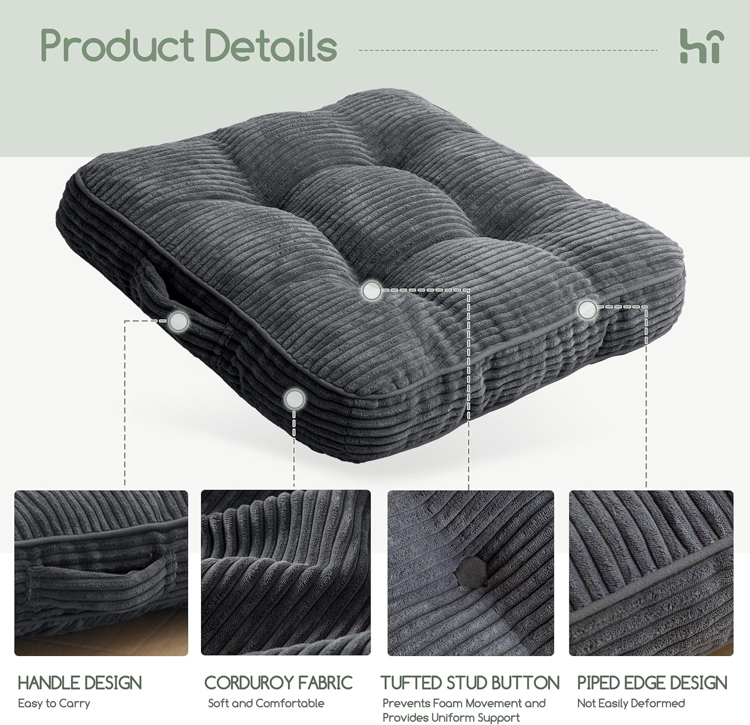 HIGOGOGO Floor Pillow Cushion for Adults, Meditation Cushion Pillow, Large Square Floor Sitting, Tufted Corduroy Cover, for Tatami Living Room or Yoga, 22x22 Inch, Dark Grey - Image 3