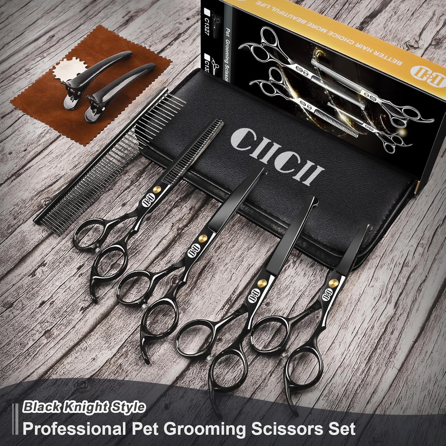 CIICII Dog Grooming Scissors Kit, 7 Inch Professional Pet Grooming Scissors Set with Safety Round Tip (Dogs/Cat Hair Cutting Trimming Thinning Shears with Curved Scissors) for DIY Home Salon (Black) - Image 8