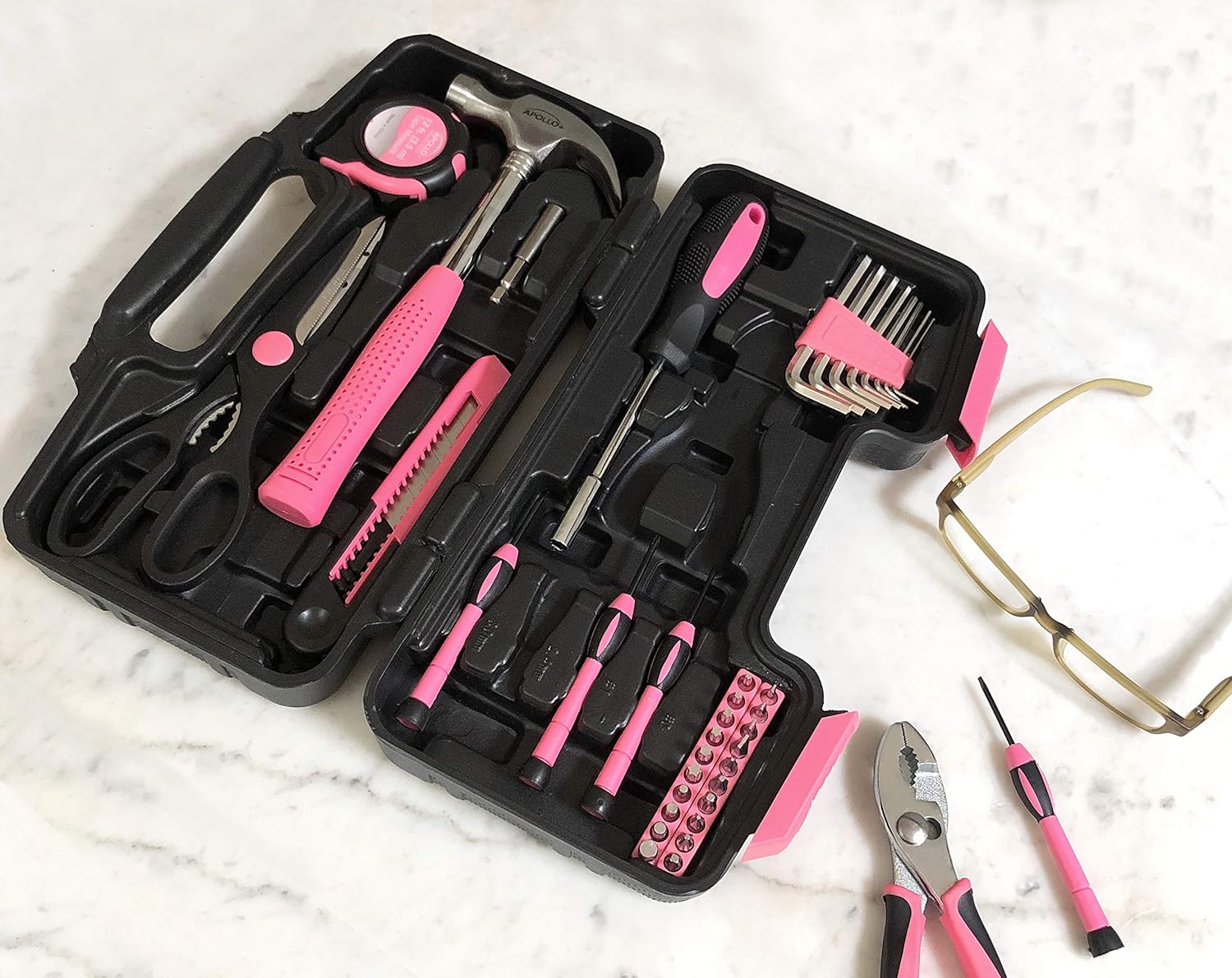 Apollo Tools Original 39 Piece General Household Tool Set in Toolbox Storage Case with Essential Hand Tools for Everyday Home Repairs, DIY and Crafts - Pink Ribbon - Pink - DT9706P - Image 9