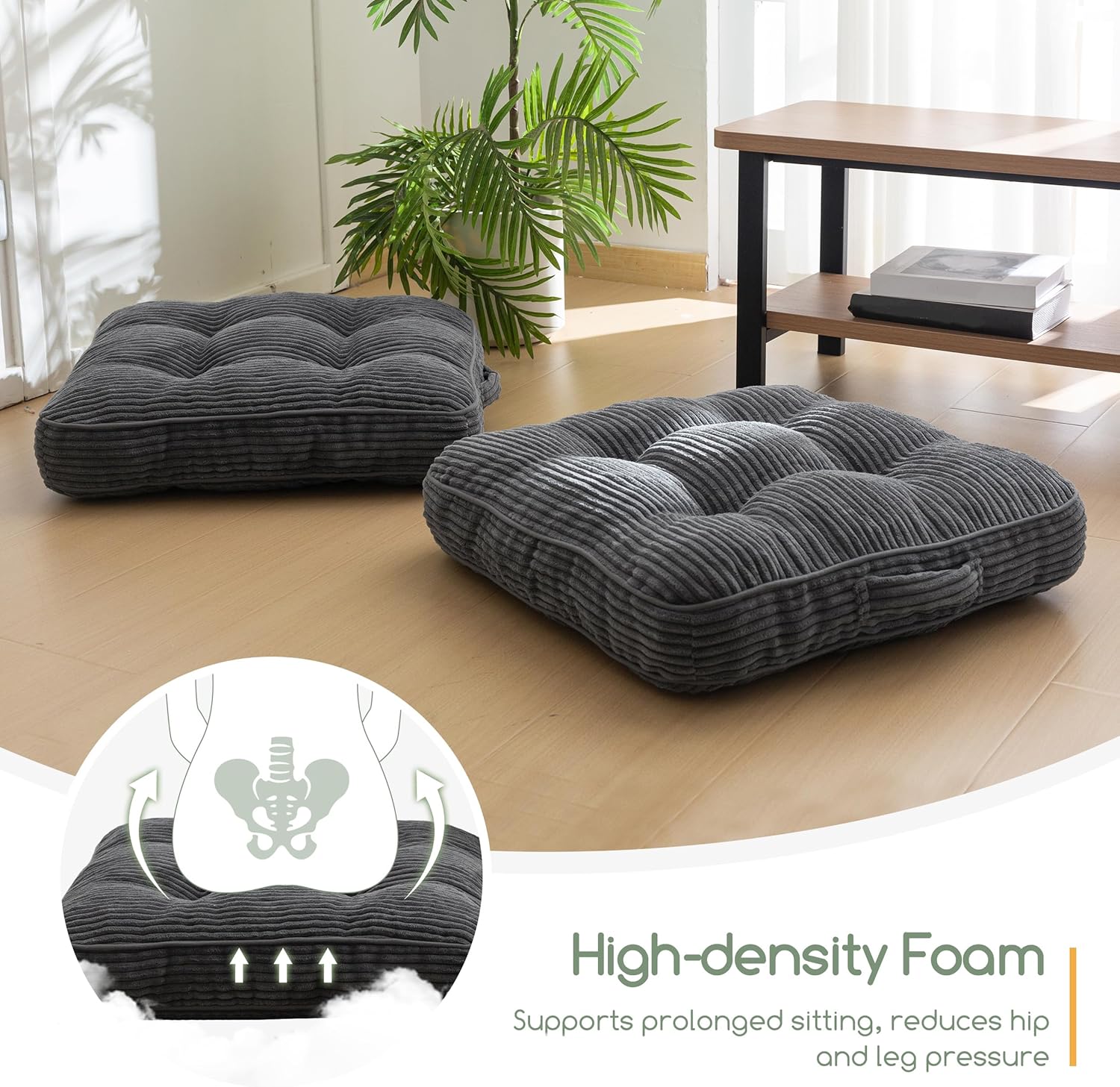 HIGOGOGO Floor Pillow Cushion for Adults, Meditation Cushion Pillow, Large Square Floor Sitting, Tufted Corduroy Cover, for Tatami Living Room or Yoga, 22x22 Inch, Dark Grey - Image 5