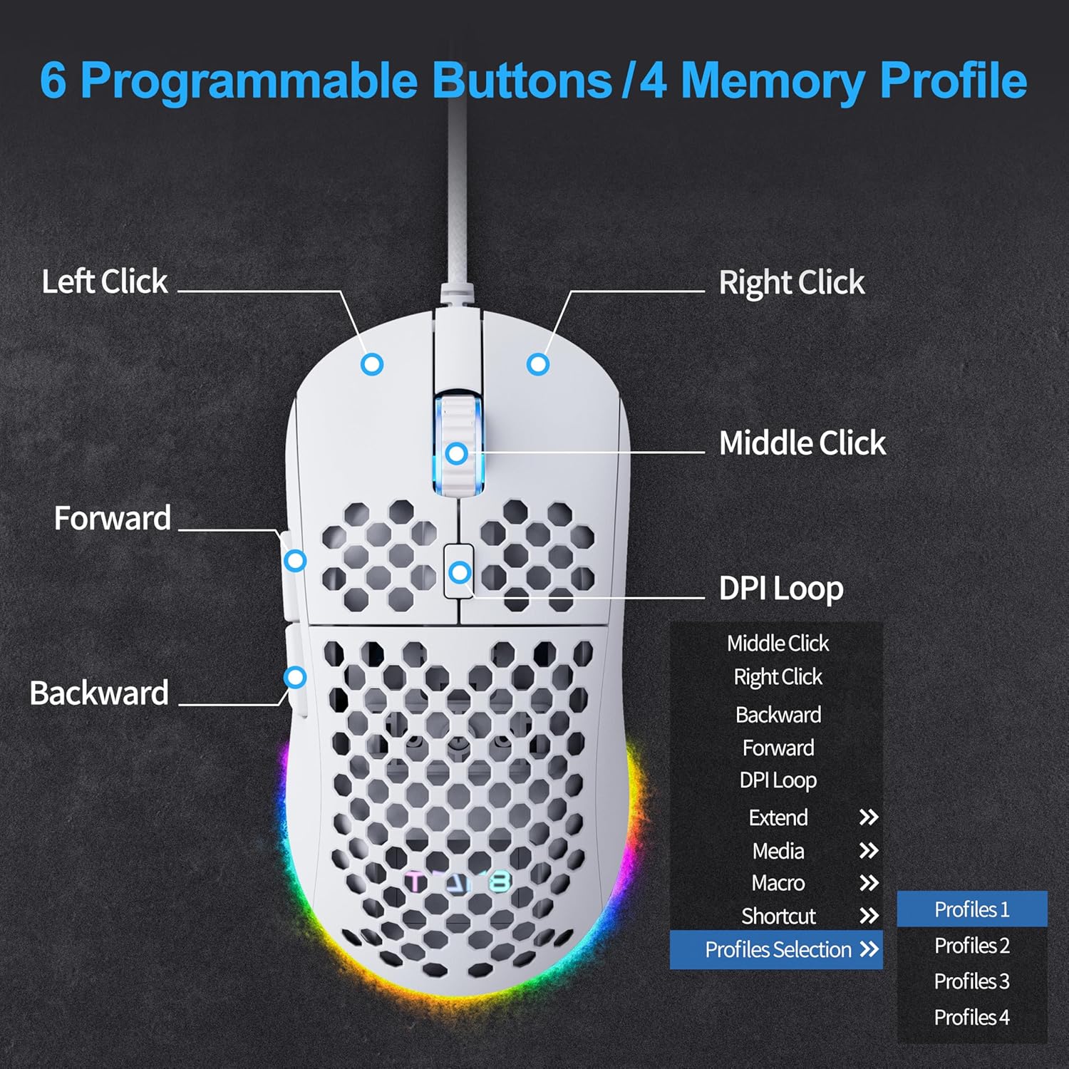 TMKB Falcon M1SE Ultralight Honeycomb Gaming Mouse, High-Precision 12800DPI Optical Sensor, 6 Programmable Buttons, Customizable RGB, Drag-Free Paracord, Ergonomic, Wired - Matte White - Image 3