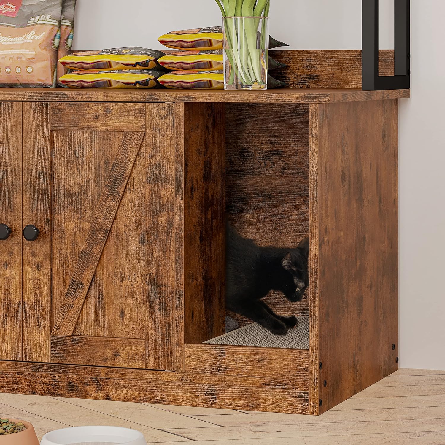 IRONCK Litter Box Enclosure with 4 Shelves and Doors, Large Wood Cat Litter Box Furniture Hidden with Storage and Scratch, Fit Most of Litter Box, Vintage Brown - Image 8