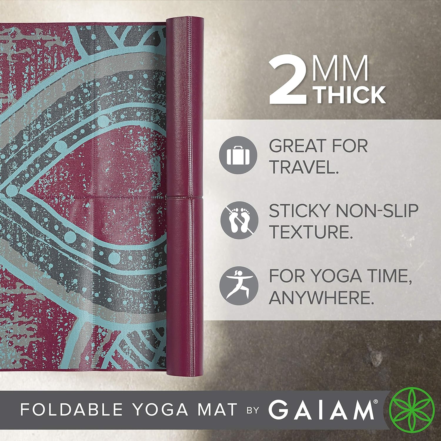 Gaiam Yoga Mat - Folding Travel Fitness & Exercise Mat - Foldable Yoga Mat for All Types of Yoga, Pilates & Floor Workouts (68"L x 24"W x 2mm Thick) - Image 2