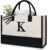TOPDesign Personalized Initial Canvas Beach Bag, Monogrammed Gift Tote Bag for Women