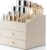 VLANDO Makeup Organizer for Vanity,Large Capacity Countertop Organizer with Drawers, PU Leather Cosmetic Display Case for Lipstick,Brushes,Skincare,Bedroom Storage (Beige)