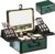 Makeup Case with Lighted Mirror, Makeup Box Organizer with Detachable LED Mirror, Travel Makeup Train Case, Waterproof Cosmetic Organizer, Standing Makeup Brush Holder, Gift, Black Green